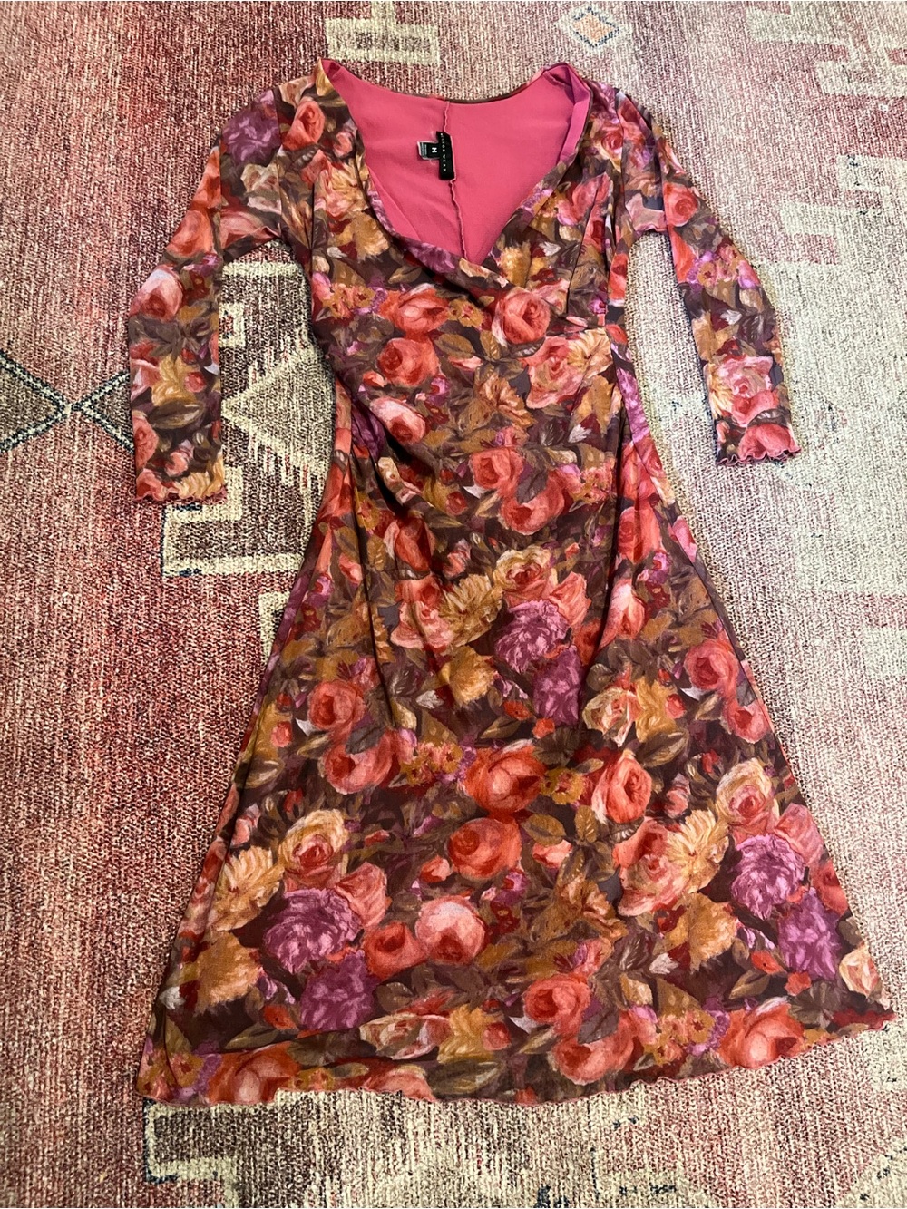Anthropologie Weston wear rose print Y2K style mesh faux wrap midi dress medium